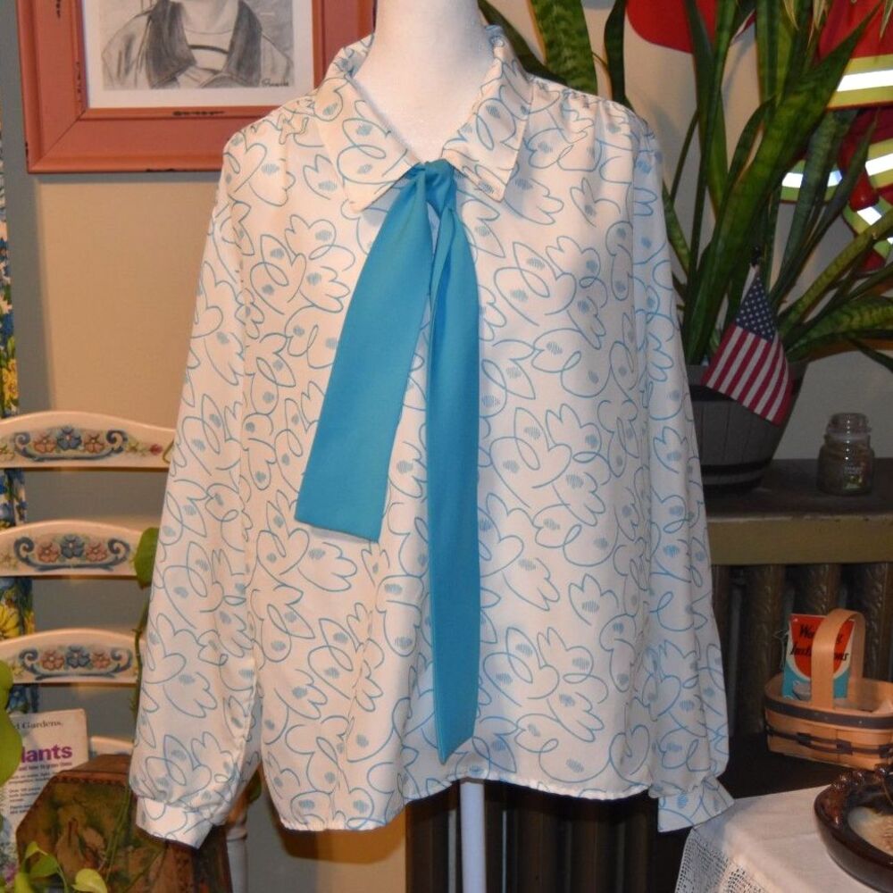 Vintage 70s Cape Cod Match Mates Blouse Neck Tie White and Blue Size XL